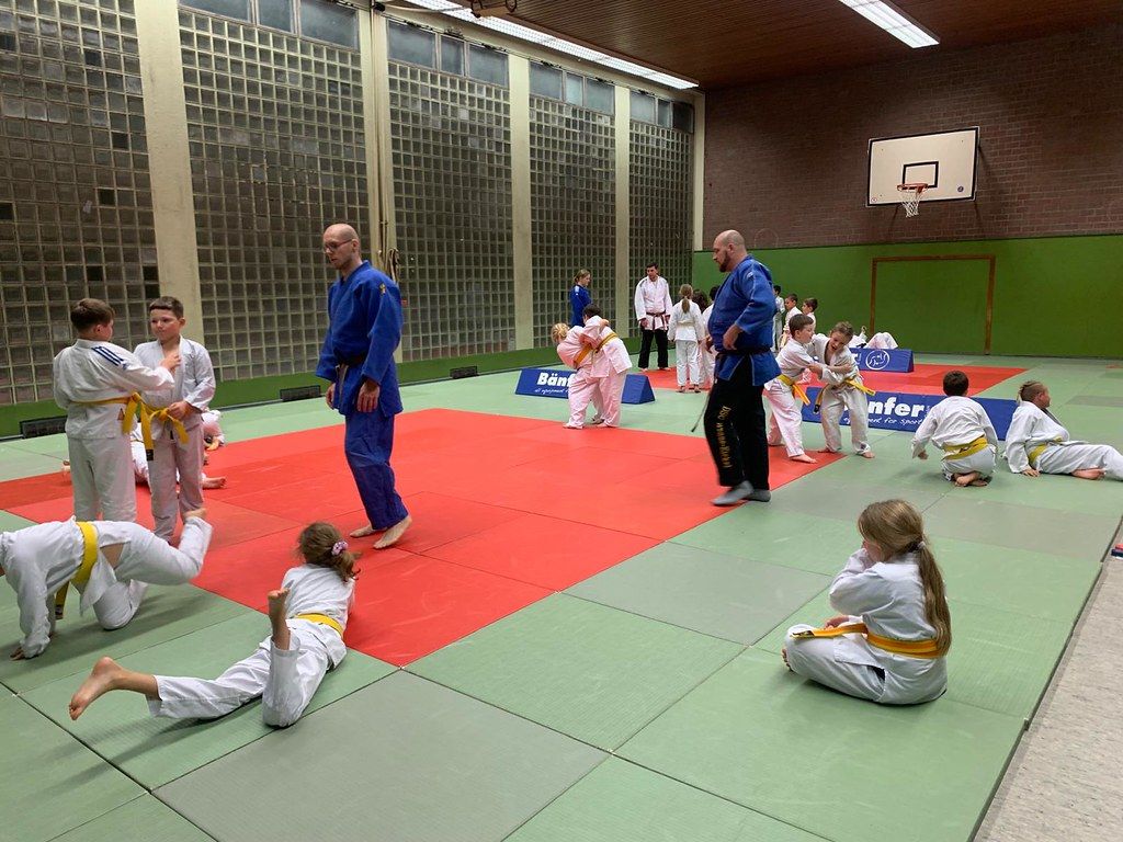 Judotraining in der Sporthalle Schwalbenweg: Kinder und Trainer auf der Matte
